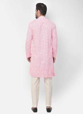 DEYANN Embroidered Chikankari Pink Color Kurta with white Color Trouser Set 4