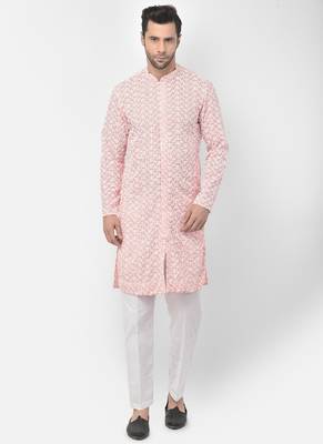 DEYANN Embroidered Chikankari pink Color Kurta with White Color Trouser Set 1