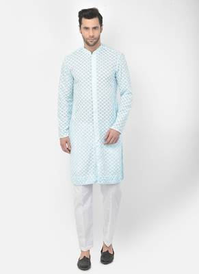 DEYANN Embroidered Chikankari Blue Color Kurta with White Color Trouser Set 1