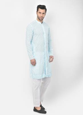DEYANN Embroidered Chikankari Blue Color Kurta with White Color Trouser Set 3