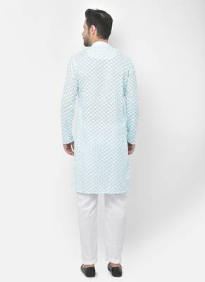 DEYANN Embroidered Chikankari Blue Color Kurta with White Color Trouser Set 4