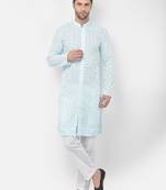 DEYANN Embroidered Chikankari Blue Color Kurta with White Color Trouser Set