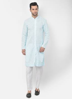 DEYANN Embroidered Chikankari Blue Color Kurta with White Color Trouser Set 1