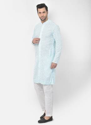 DEYANN Embroidered Chikankari Blue Color Kurta with White Color Trouser Set 2