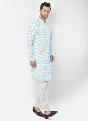 DEYANN Embroidered Chikankari Blue Color Kurta with White Color Trouser Set 3