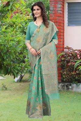   turquoise woven cotton saree with blouse 1