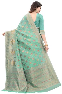   turquoise woven cotton saree with blouse 2