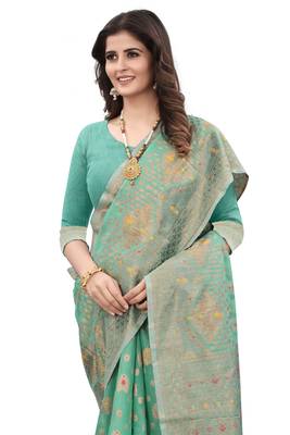   turquoise woven cotton saree with blouse 3
