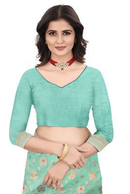   turquoise woven cotton saree with blouse 4