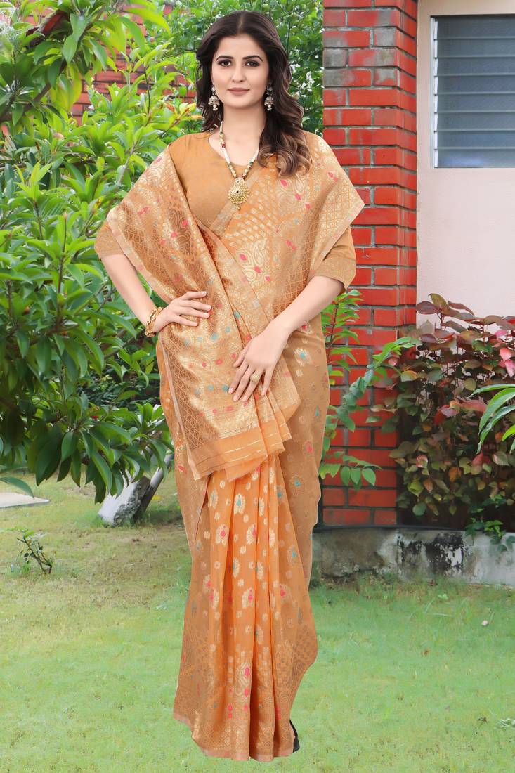   orange woven cotton saree with blouse