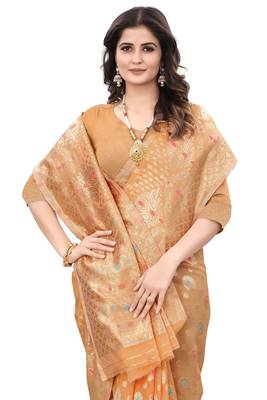   orange woven cotton saree with blouse 2