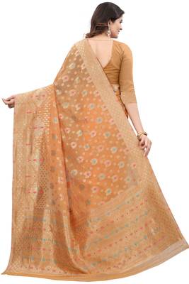   orange woven cotton saree with blouse 3
