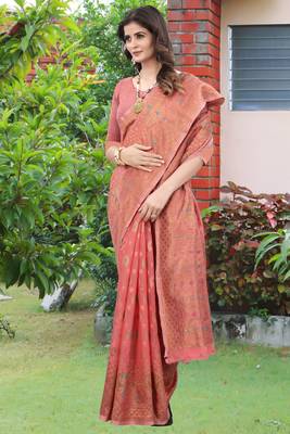   light peach woven cotton saree with blouse 1
