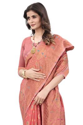   light peach woven cotton saree with blouse 2