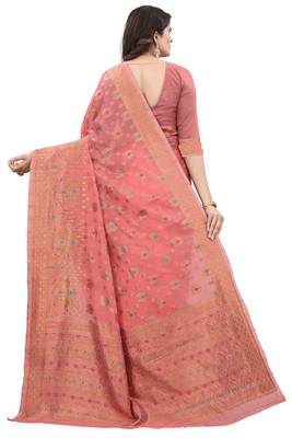  light peach woven cotton saree with blouse 3