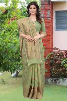   green woven cotton saree with blouse 1