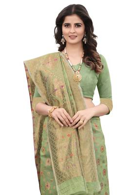   green woven cotton saree with blouse 2