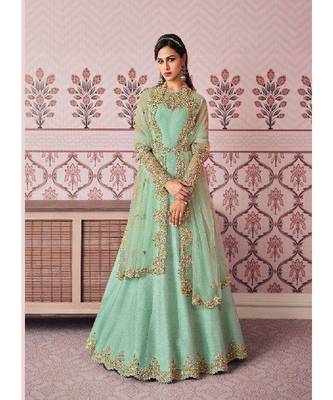 Aqua Blue diamond work silk semi stitch A line gowns 1