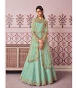 Aqua Blue diamond work silk semi stitch A line gowns