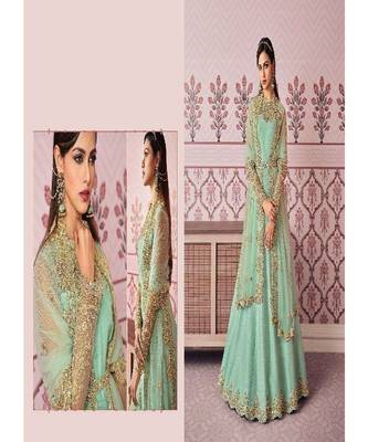 Aqua Blue diamond work silk semi stitch A line gowns 3
