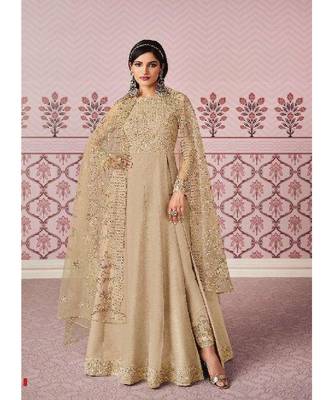Beige diamond work silk semi stitch A line gowns 1
