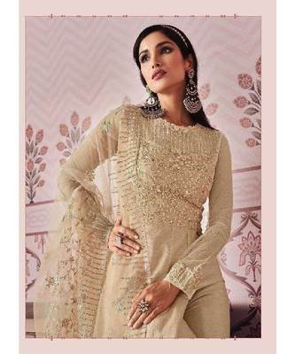 Beige diamond work silk semi stitch A line gowns 2