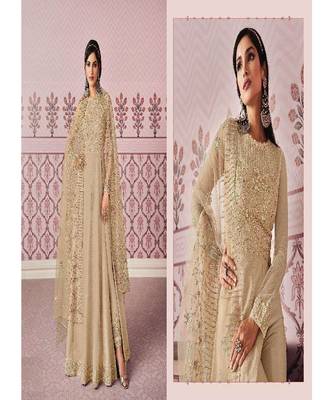 Beige diamond work silk semi stitch A line gowns 3