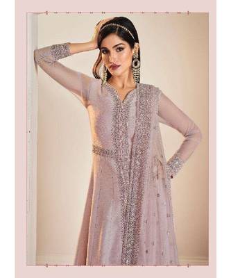 Light Purple diamond work silk semi stitch A line gowns 2