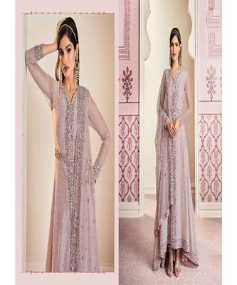 Light Purple diamond work silk semi stitch A line gowns 3