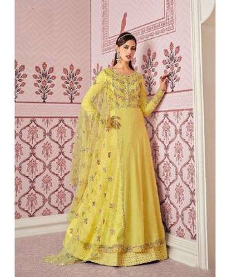 Yellow diamond work silk semi stitch A line gowns 1