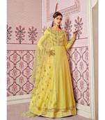 Yellow diamond work silk semi stitch A line gowns