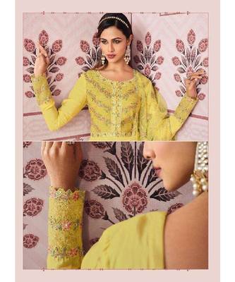 Yellow diamond work silk semi stitch A line gowns 2