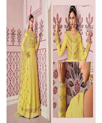Yellow diamond work silk semi stitch A line gowns 3