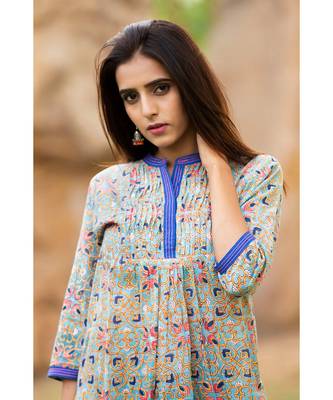 Cotton Hand Block Print Sea Green & Pink kurta 5