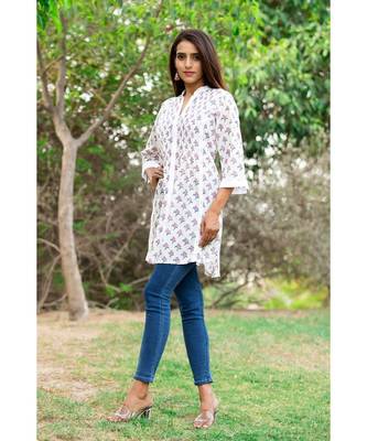 Cotton Hand Block Print White & Pink Kurta 1