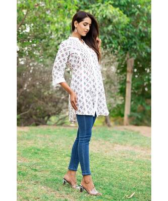 Cotton Hand Block Print White & Pink Kurta 4