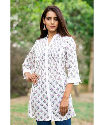 Cotton Hand Block Print White & Pink Kurta 5
