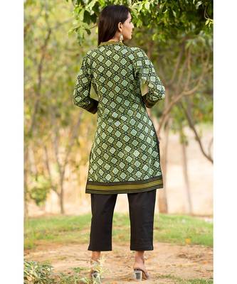 Cotton Hand Block Print Green & Black kurta 2