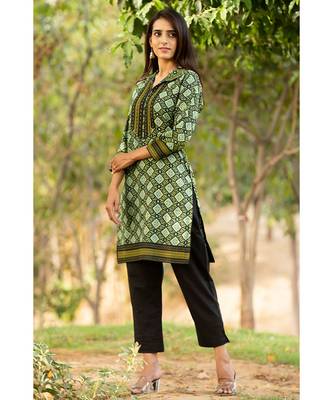 Cotton Hand Block Print Green & Black kurta 3