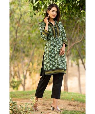 Cotton Hand Block Print Green & Black kurta 1