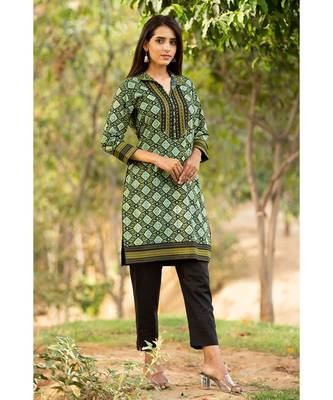 Cotton Hand Block Print Green & Black kurta 4
