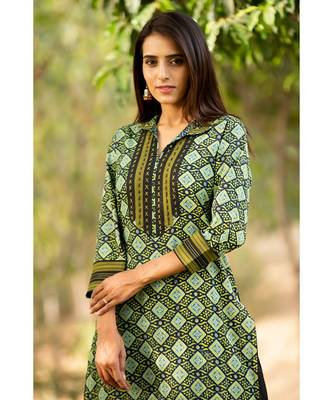 Cotton Hand Block Print Green & Black kurta 5