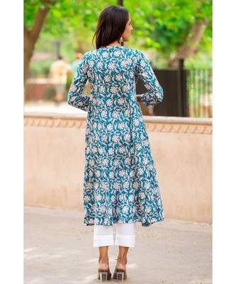 Cotton Hand Block Floral Print Blue &  Pink Kurta 2