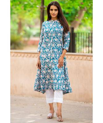 Cotton Hand Block Floral Print Blue &  Pink Kurta 3