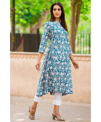 Cotton Hand Block Floral Print Blue &  Pink Kurta 4
