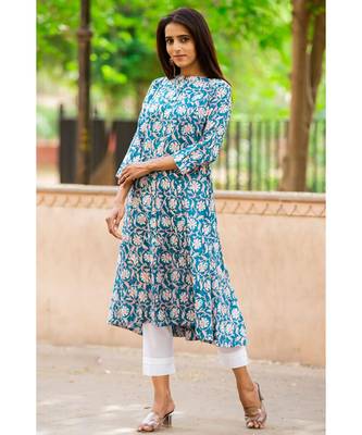 Cotton Hand Block Floral Print Blue &  Pink Kurta 1