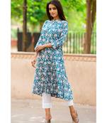 Cotton Hand Block Floral Print Blue &  Pink Kurta