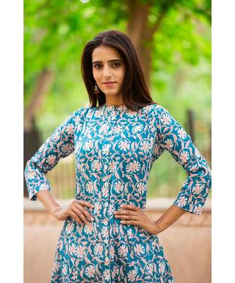 Cotton Hand Block Floral Print Blue &  Pink Kurta 5