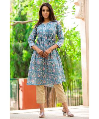 Cotton Hand Block Print Blue & Pink Kurta 3