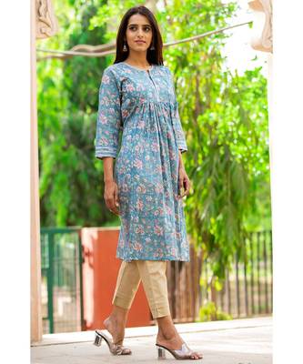Cotton Hand Block Print Blue & Pink Kurta 4